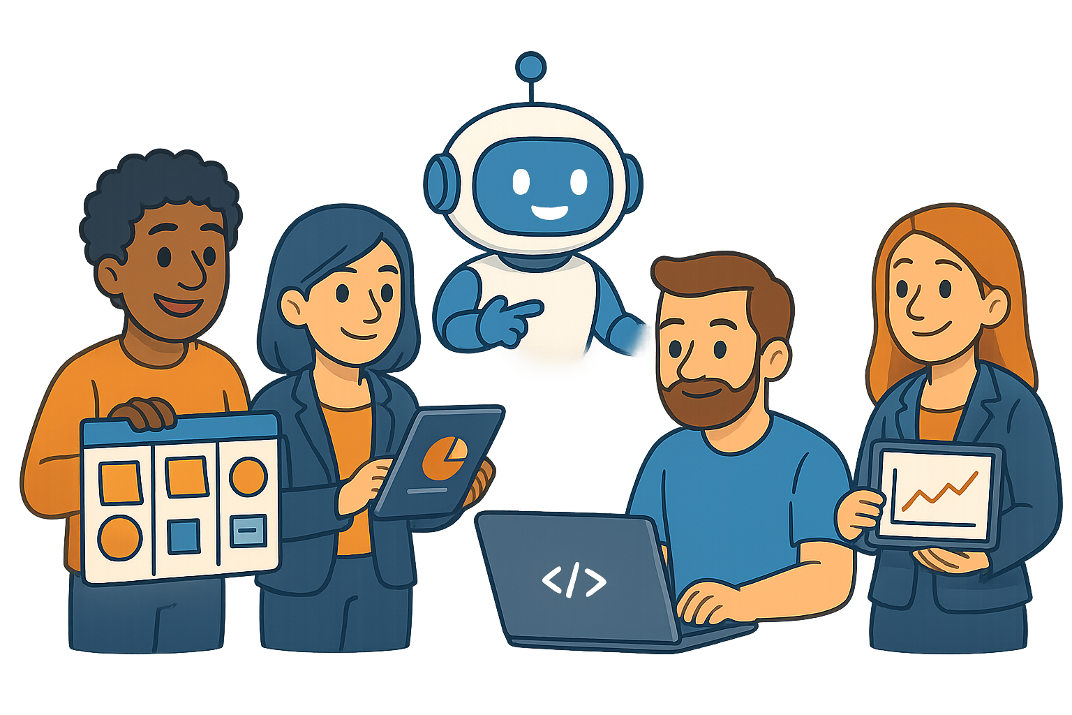 Team of diverse people with an AI robot collaborating